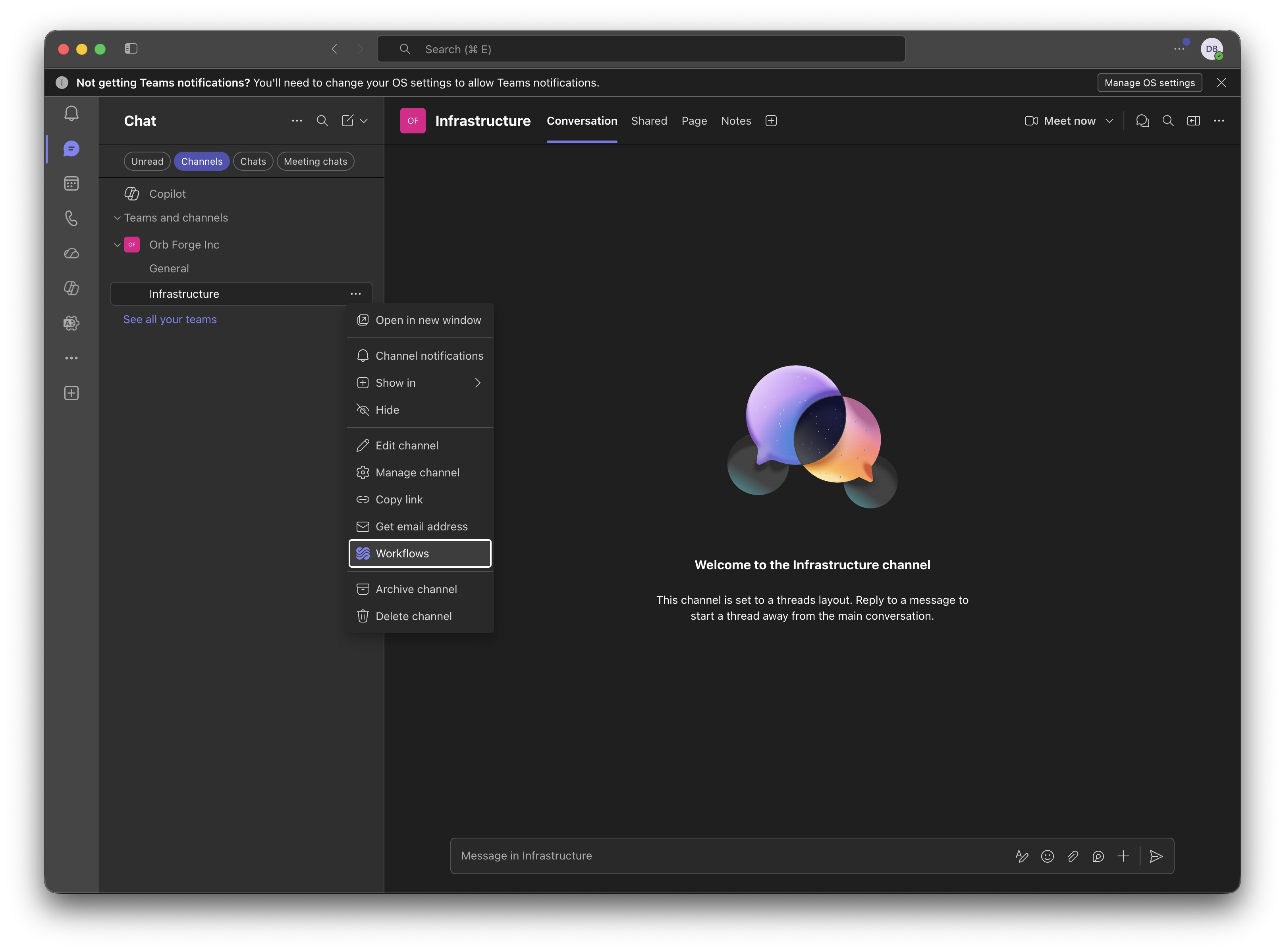 Selecting Workflows from the channel's more options menu