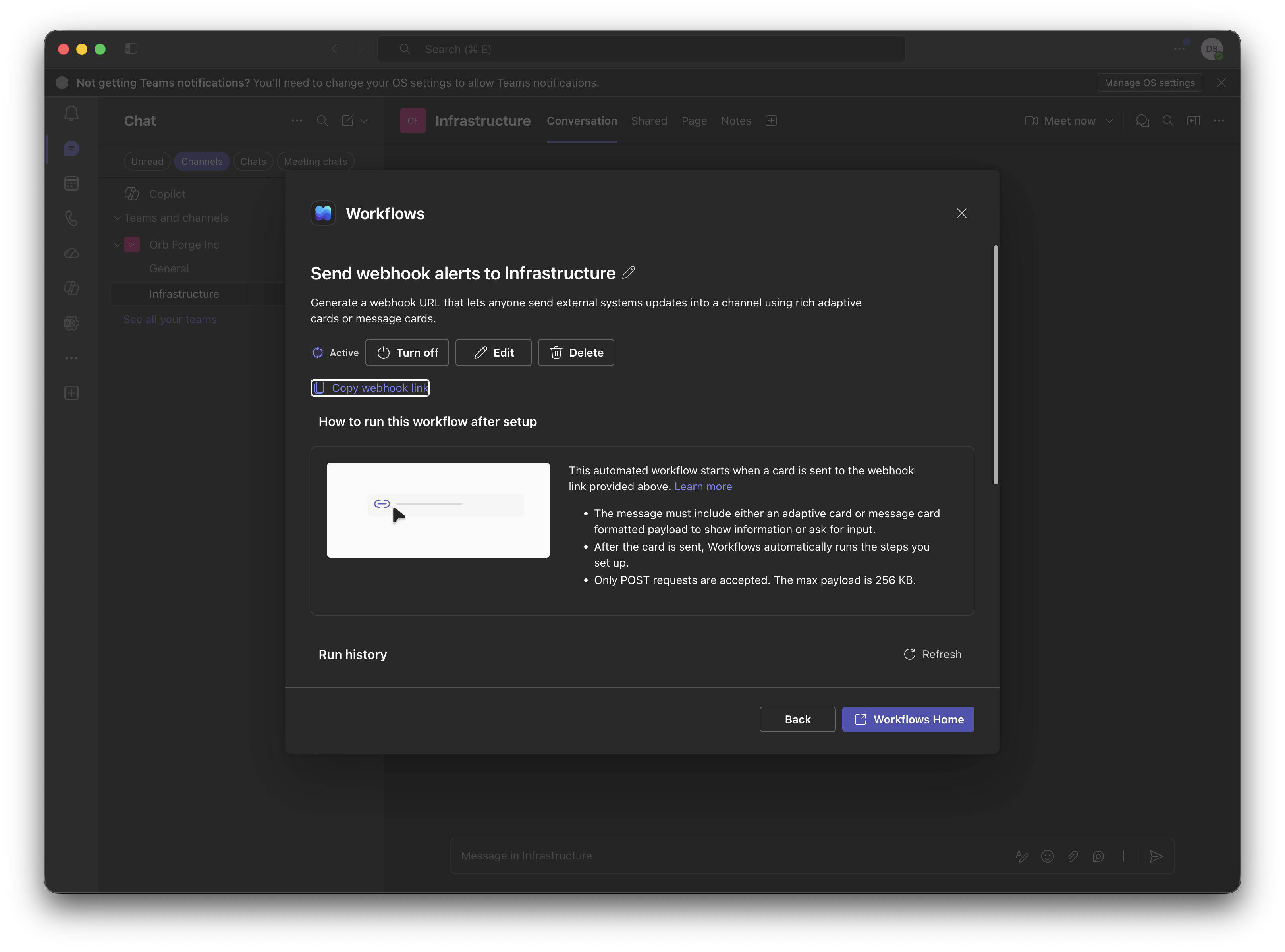 Copying the generated webhook link