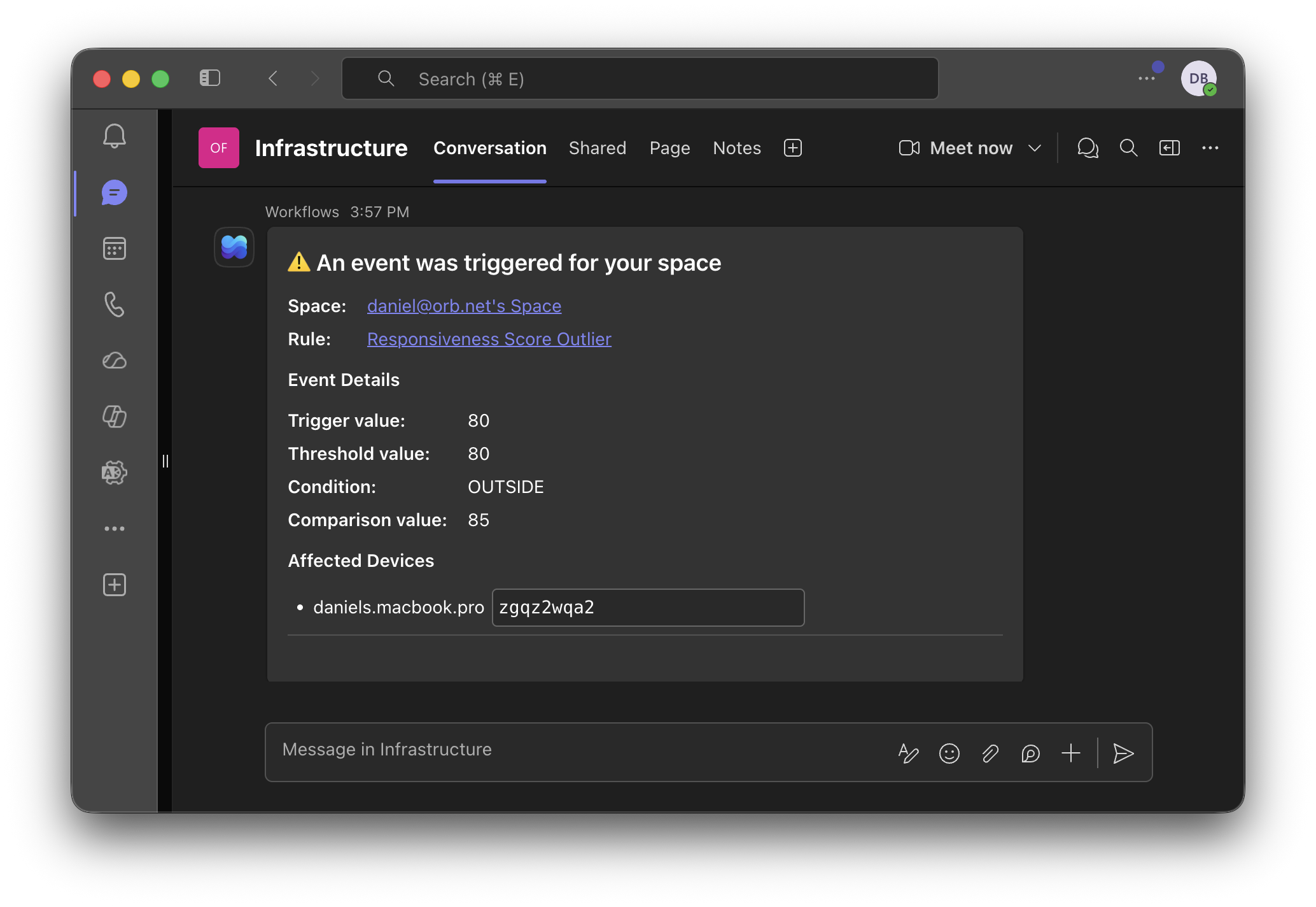 An Orb Event notification in a Microsoft Teams channel