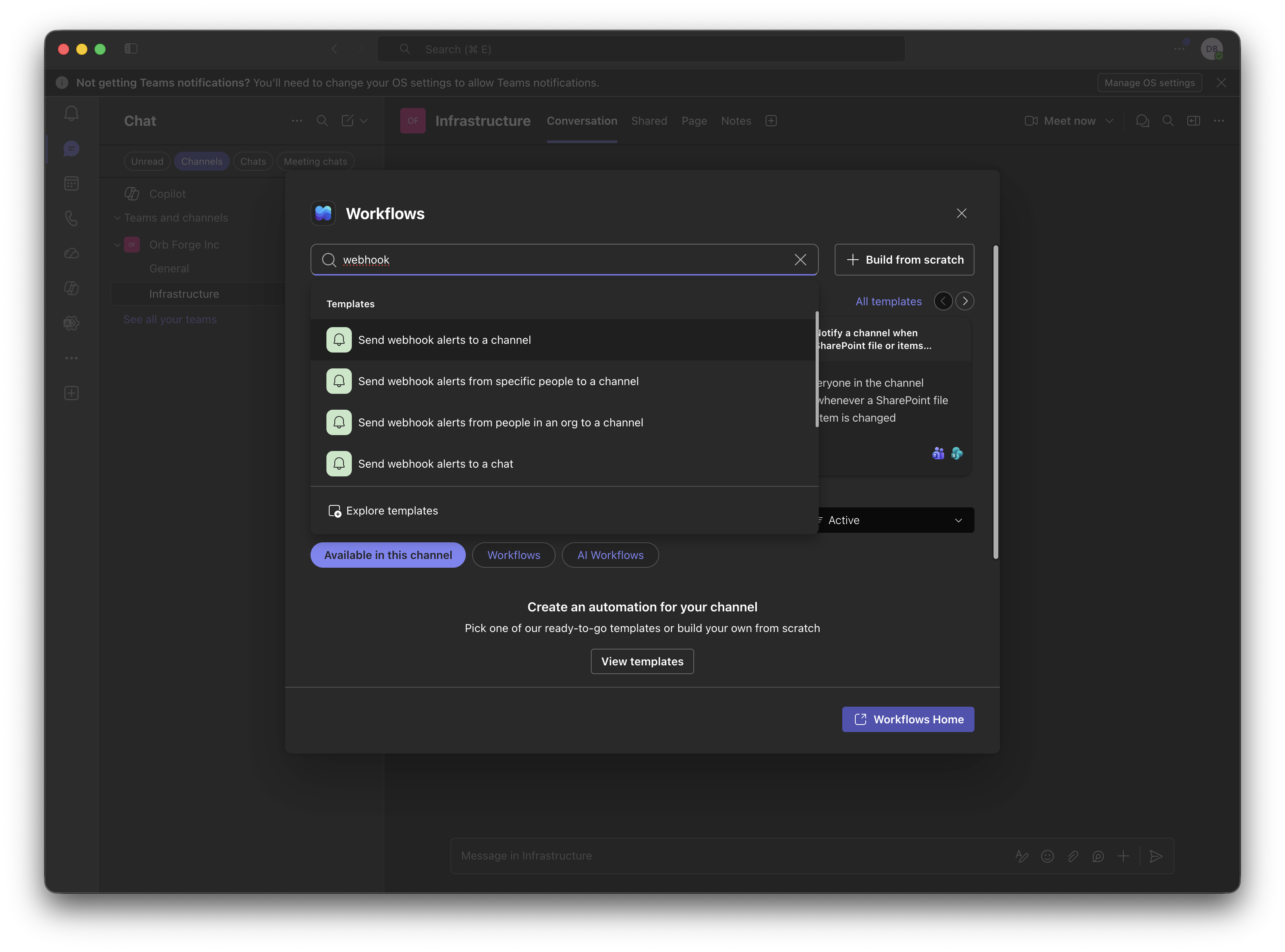 Searching for the webhook workflow template