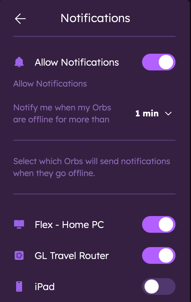 Notifications Settings Menu